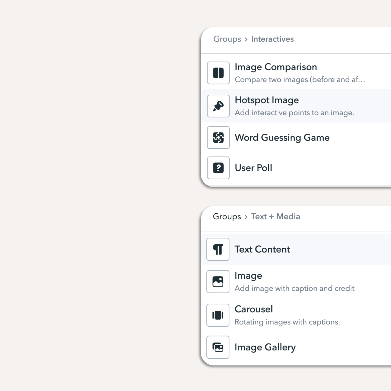 List of available content blocks in Tourient backend.