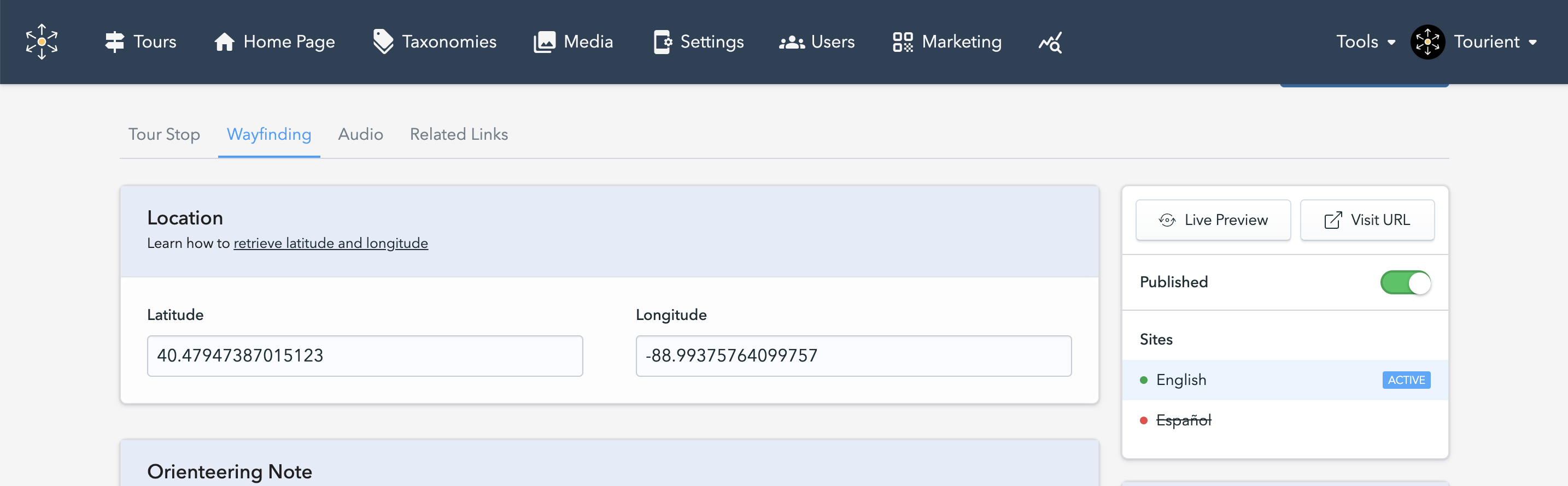 Screenshot of Tourient CMS showing the latitude and longitude coodinates.