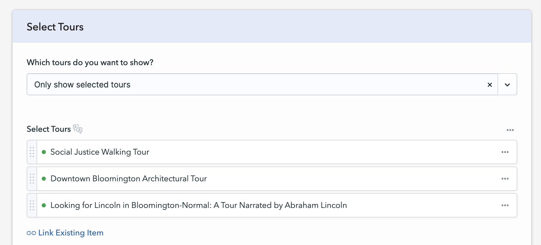 Screenshot of Tourient CMS select tours function.