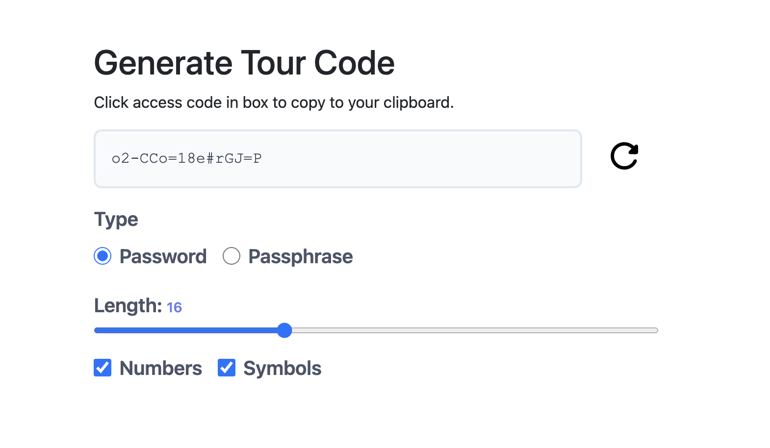 Screenshot of Generate Tour Code Tool