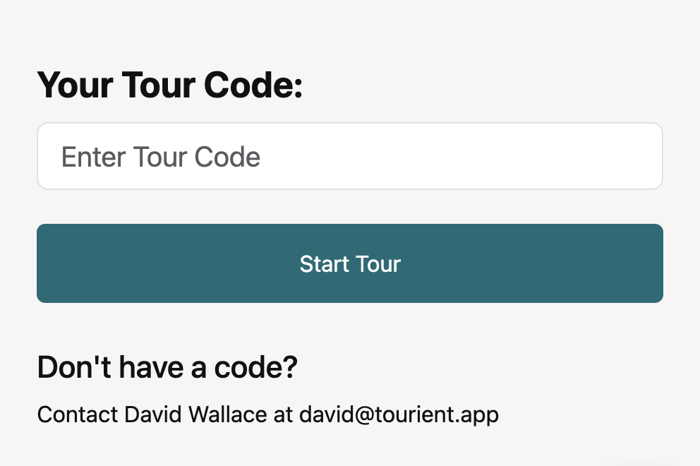 Screenshot of Tourient tour code entry form