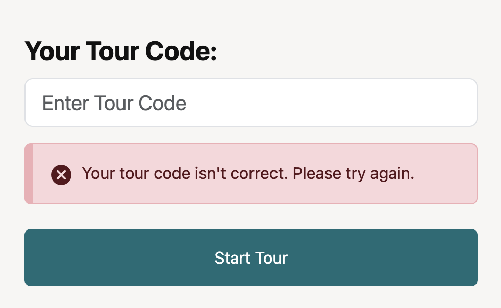 Screenshot of Tourient tour code entry form displaying an error message