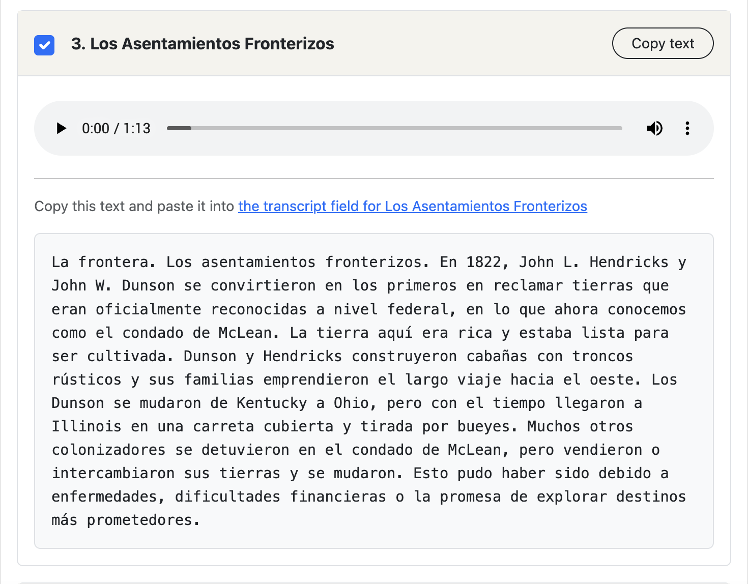 Screenshot showing transcribed audio in a text field below the stop name.