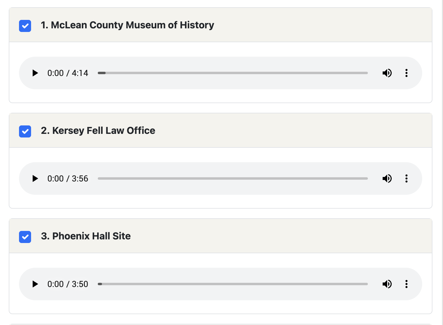 Screenshot of Tourient showing a list of tour stops and audio players