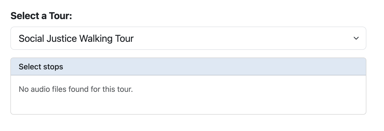 Screenshot of Tourient showing Select a Tour dropdown, and a message that no audio files were found for this tour.
