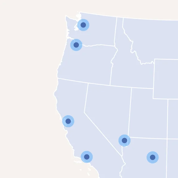 Map of the western United States with points marking major cities.