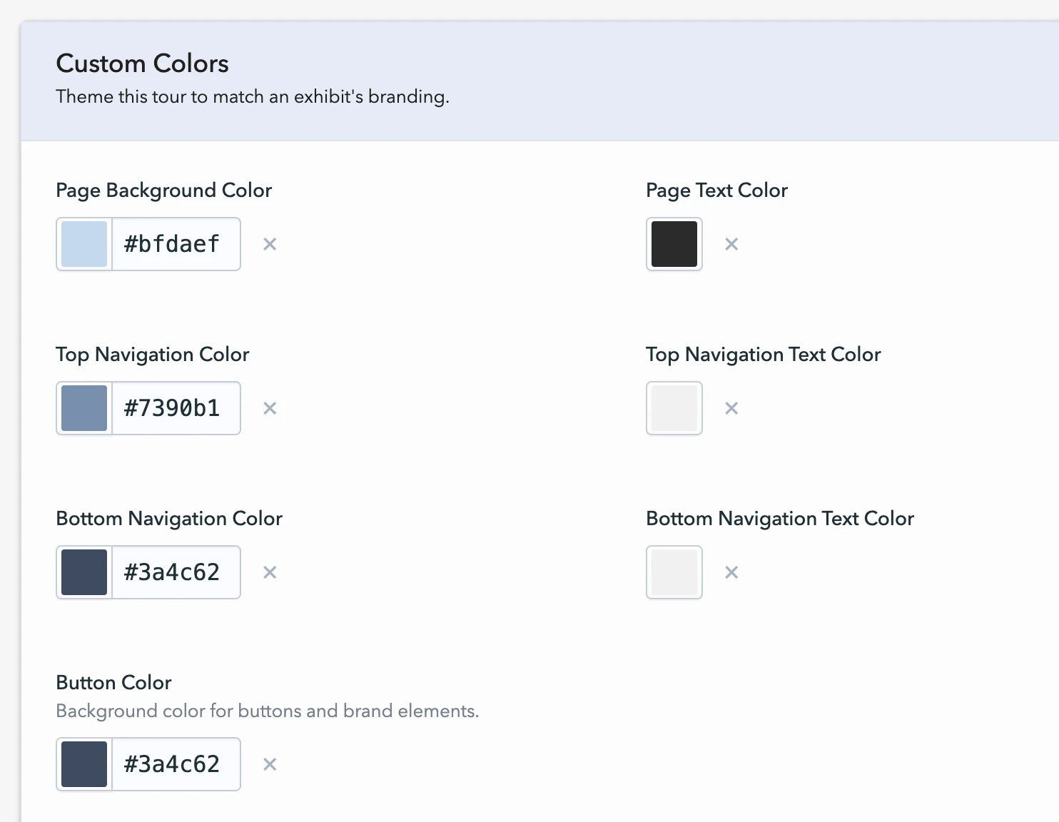 A screenshot of the Tourient admin interface that lets users set custom colors.