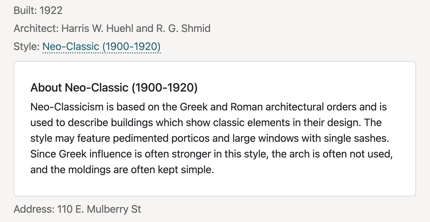 Architecture preset has built-in fields for date, architect, style, and address.