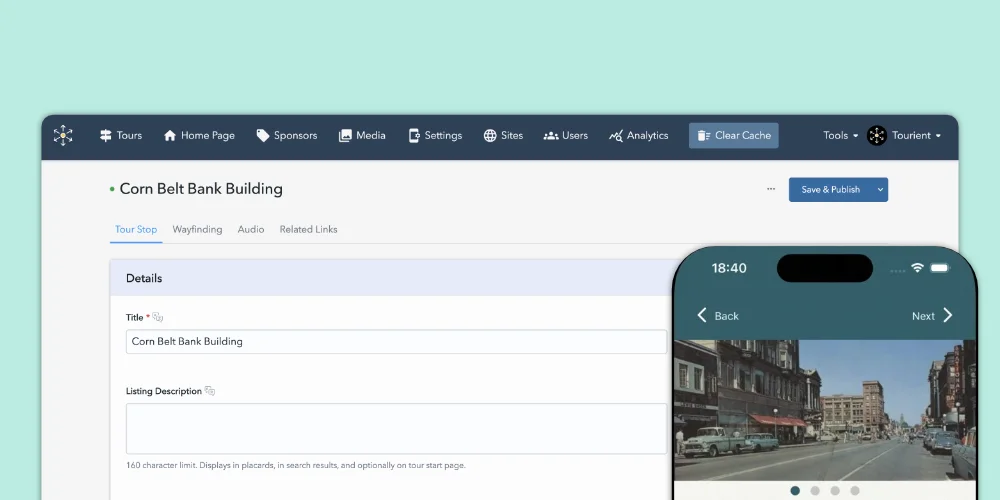 Screenshot of Tourient showing the admin interface and the app interface.