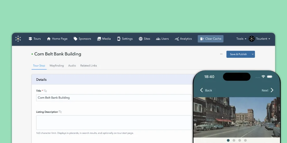 Screenshot of Tourient admin interface, app interface, and a light green background color
