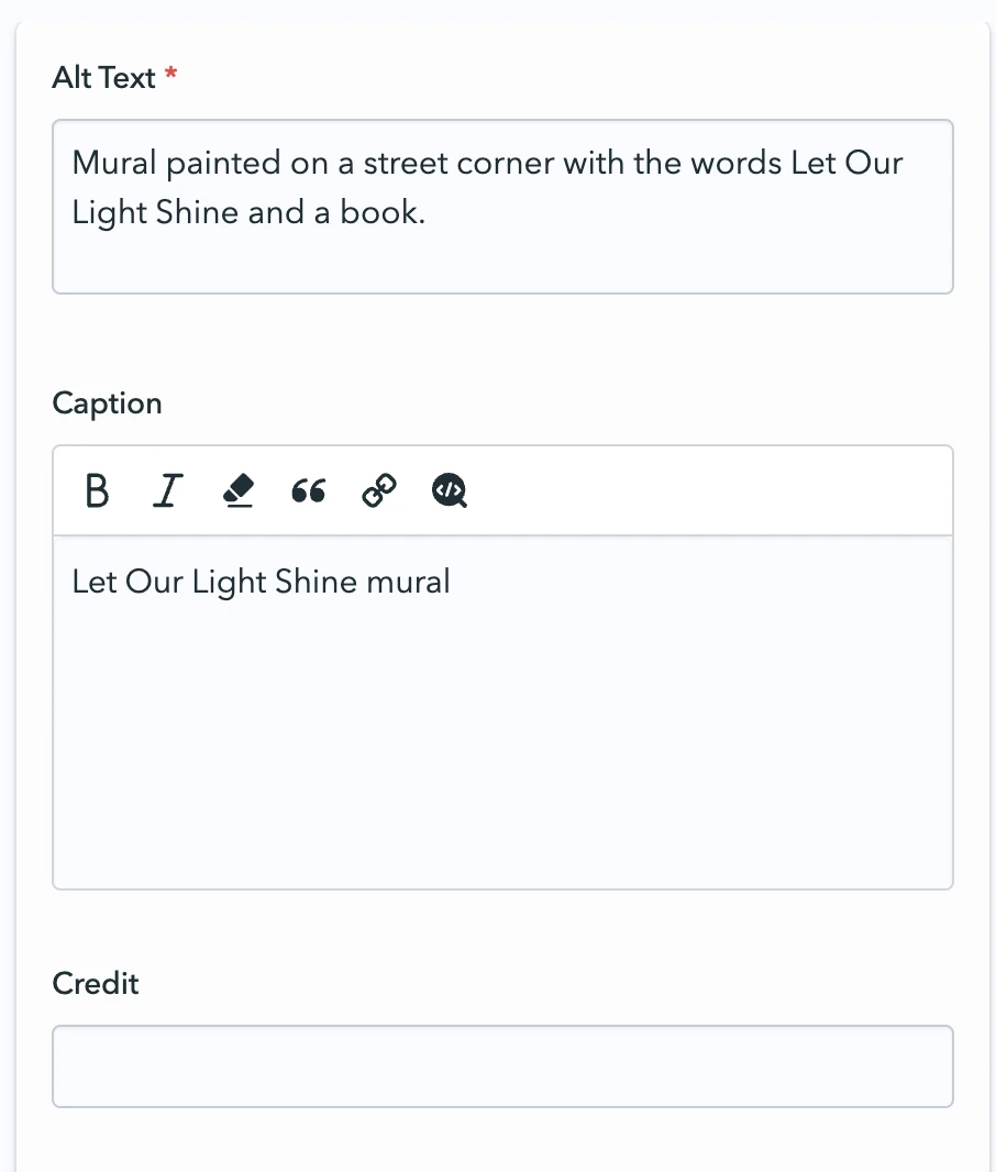 Example of adding alt text and captions to an asset