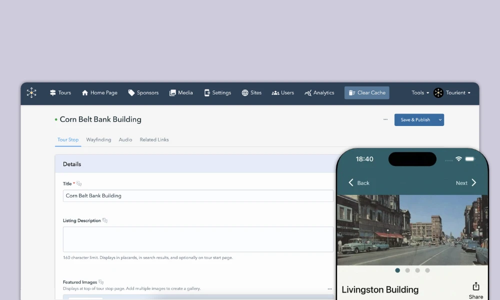 Screenshot of Tourient's admin interface and mobile app